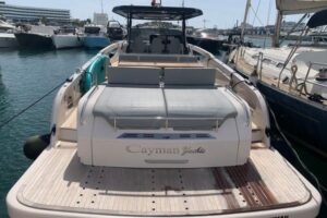 Hydraulic bathing platform on Cayman 400WA yacht with teak finish