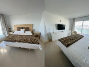 Elegant master bedroom with en-suite bathroom in Talamanca Penthouse, featuring modern design and panoramic views.