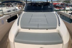 Luxury Cayman 400WA Outboard Version aerial view with sunbeds and teak deck