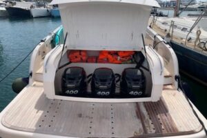 Triple Mercury 400HP engines powering Cayman 400WA yacht in Ibiza