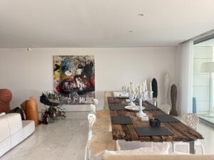 Open plan loft style living area kitchen dining room at Es Pouet Talamanca Ibiza property